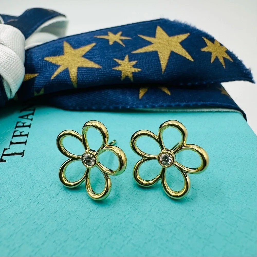 RARE Tiffany & Co. Diamond 18K Yellow Gold Garden Flower Earrings with Packaging